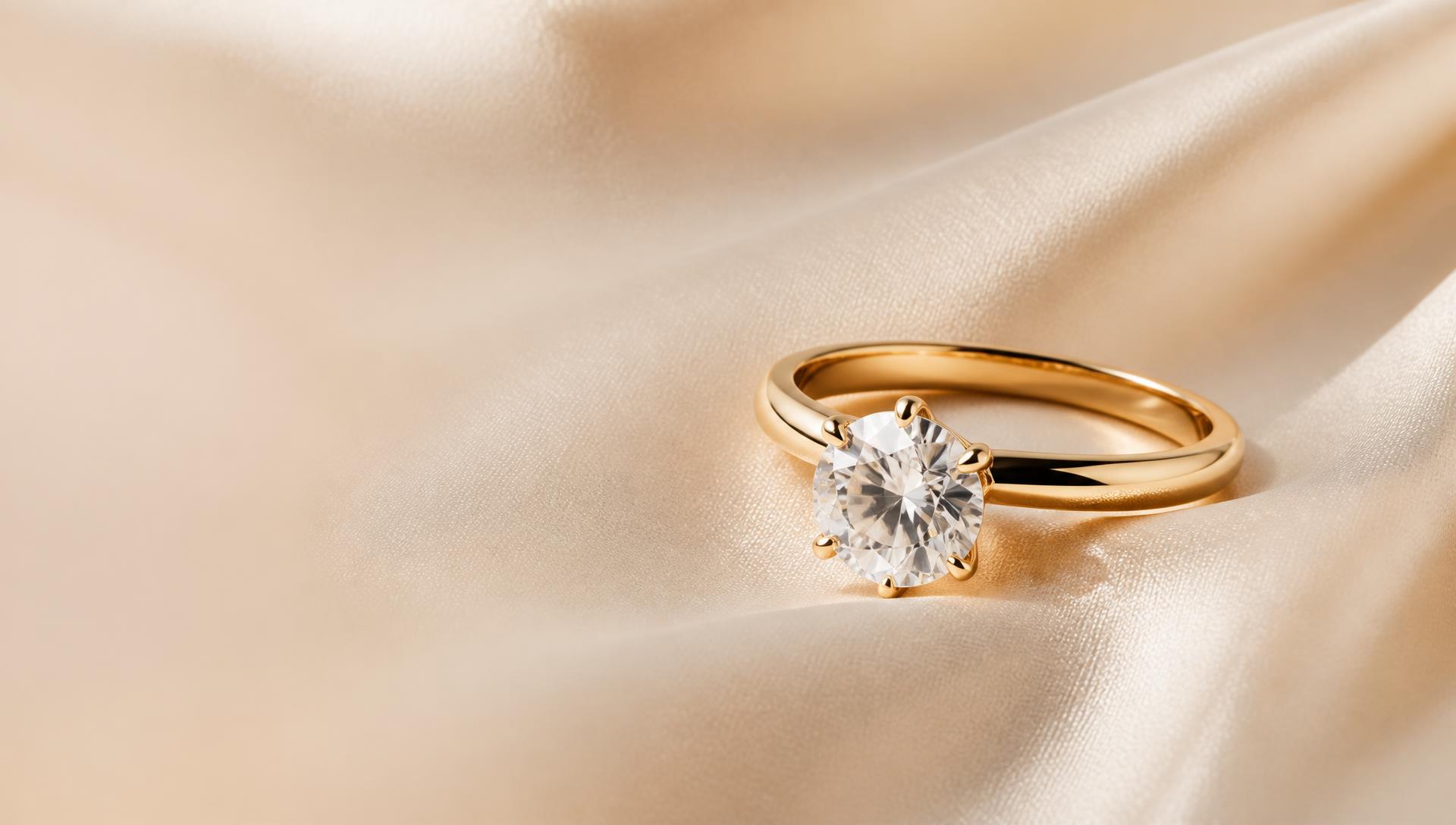 A gold diamond solitaire ring resting on ivory silk
